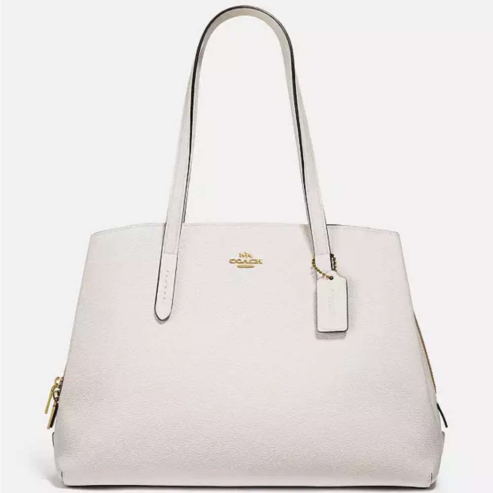 Coach Large charlie 40 Carryall Leather Tote white cream chalk gold zipper